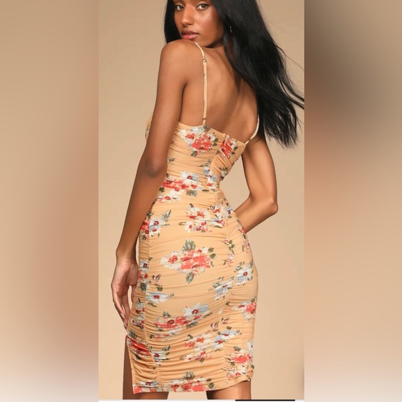 Springtime Bliss Orange Floral Print Mesh Bodycon Mini Dress - Picture 2 of 7